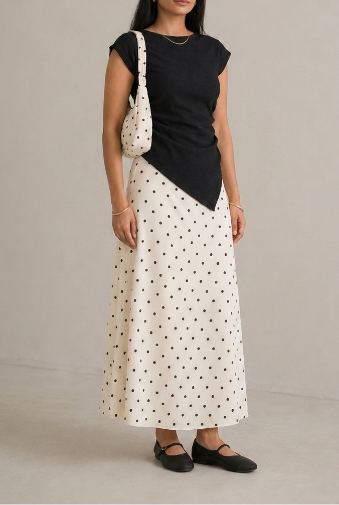 Raven top with Polka dot skirt & bag