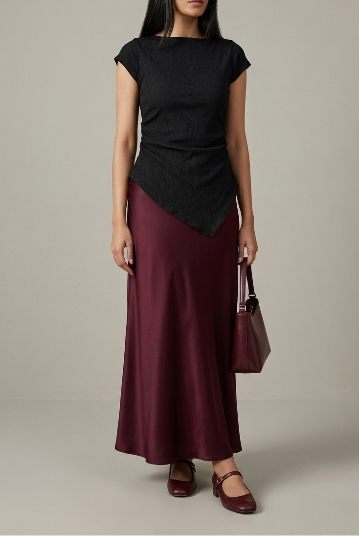 Raven top with burgundy silk skirt