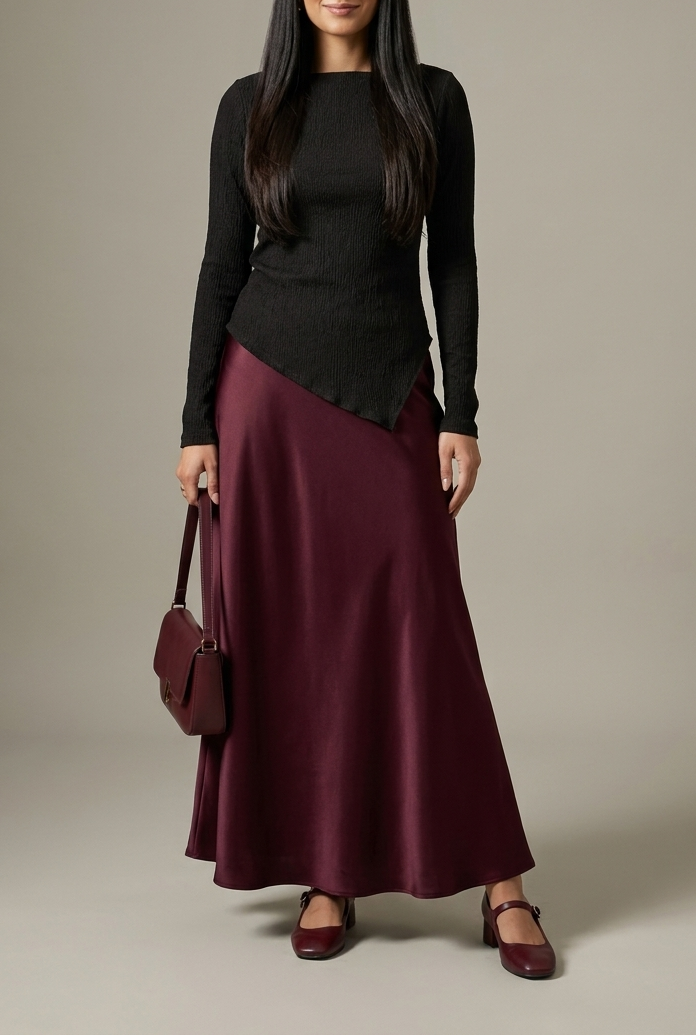Raven top with burgundy silk skirt