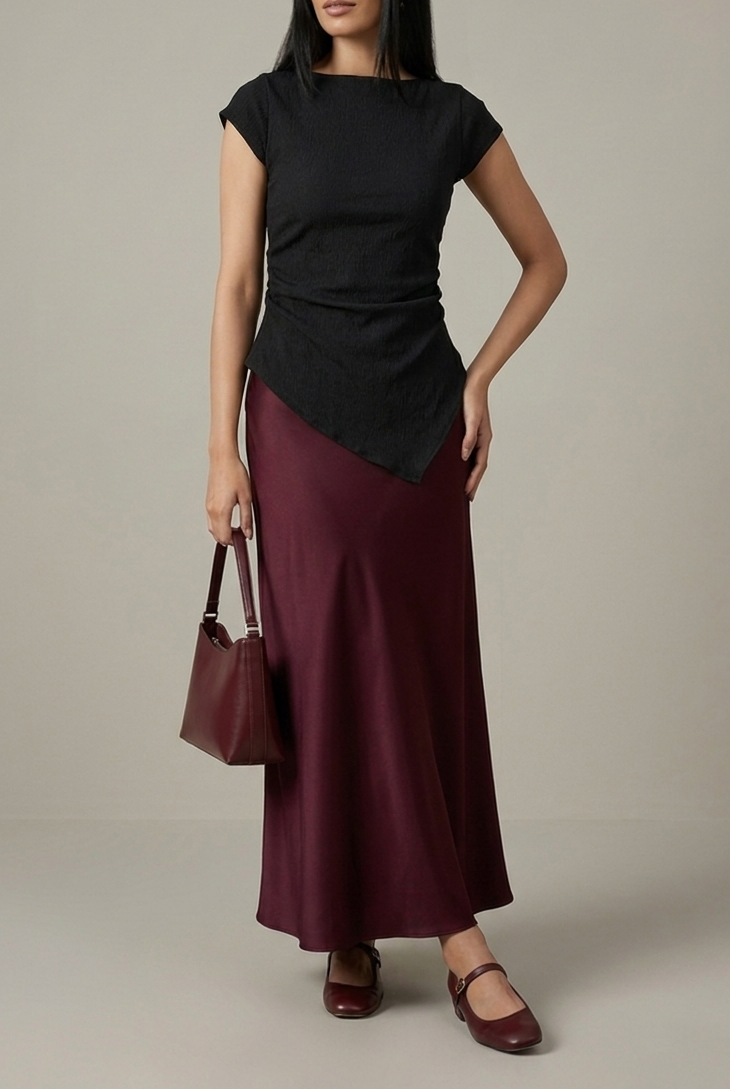 Raven top with burgundy silk skirt