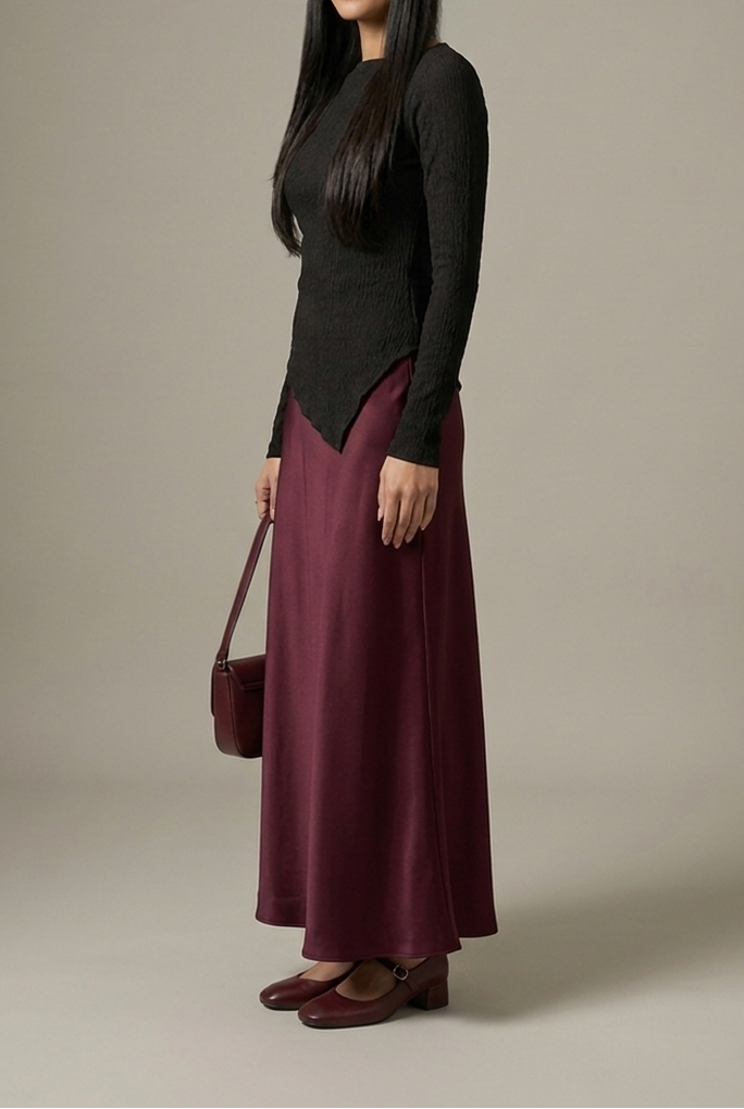 Raven top with burgundy silk skirt